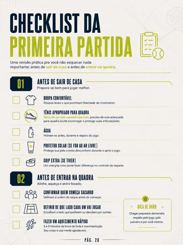 Página do guia: checklist da primeira partida