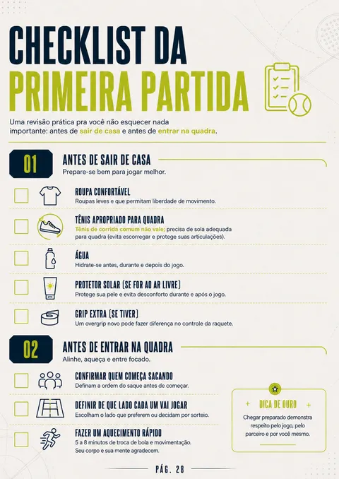Página do guia: checklist da primeira partida