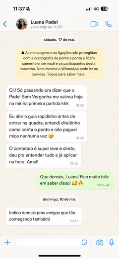 Print de depoimento: aluna evitou pagar mico na primeira partida usando o guia antes de entrar na quadra