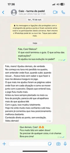 Print de depoimento: aluno que se sentia perdido e inseguro na quadra relata que o guia resolveu o posicionamento