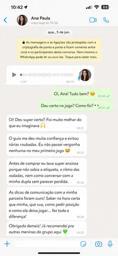 Print de depoimento: aluna conta que não passou vergonha nenhuma no primeiro jogo depois de usar o guia